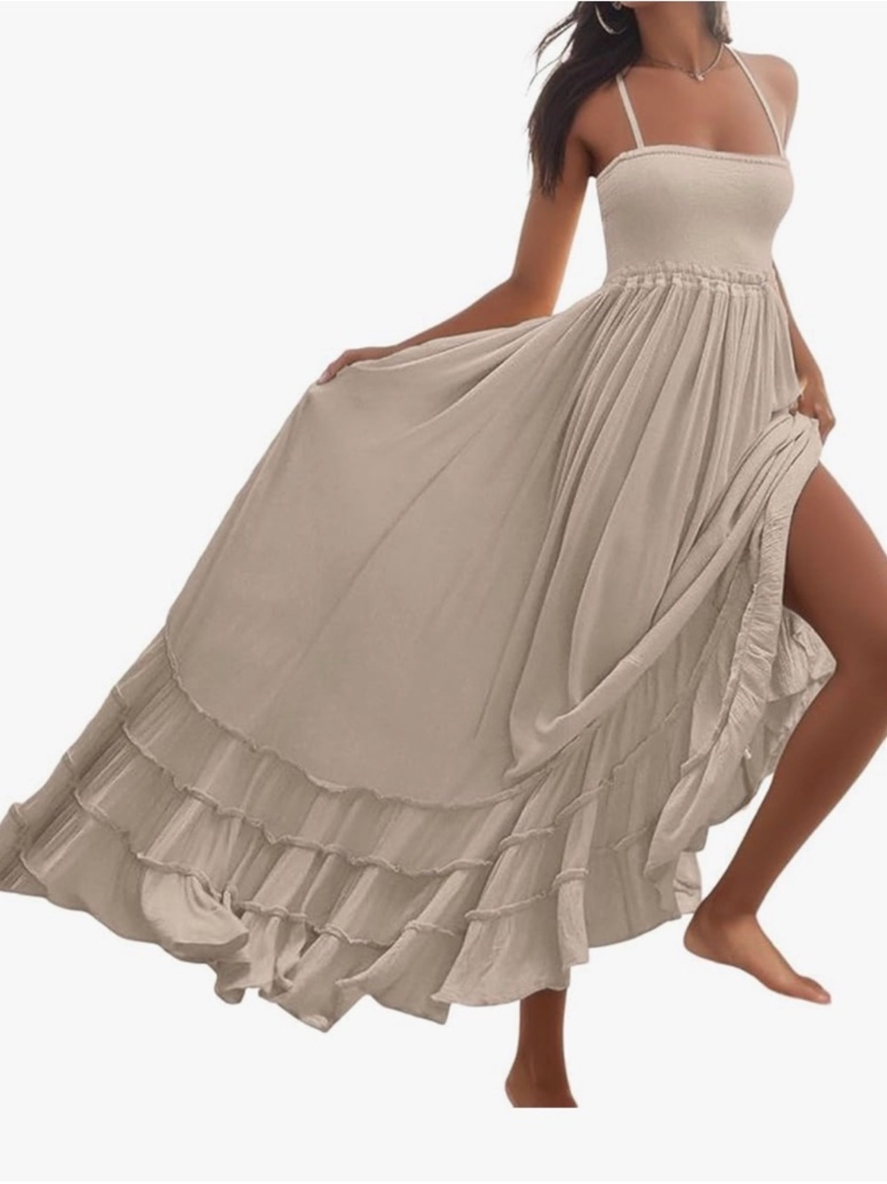 Beige Smocked Maxi Dress Boho Tiered Ruffle Strappy Back Flowy Summer | Size S - Picture 3 of 15